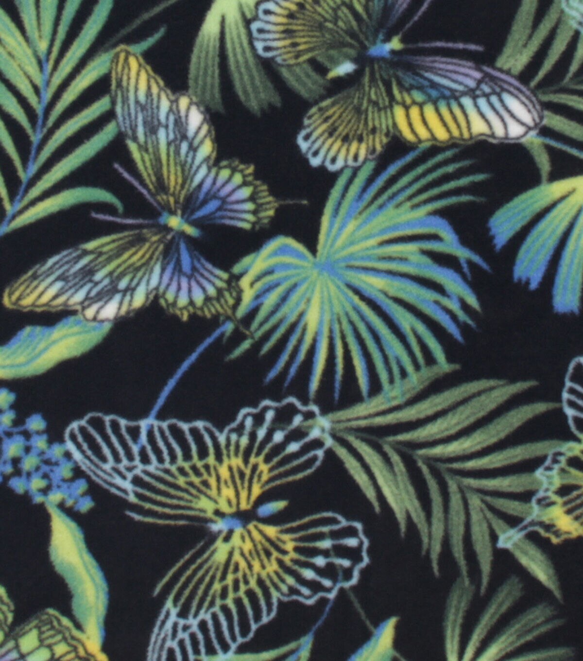 Palm & Butterfly on Black Anti Pill Plush Fleece Fabric