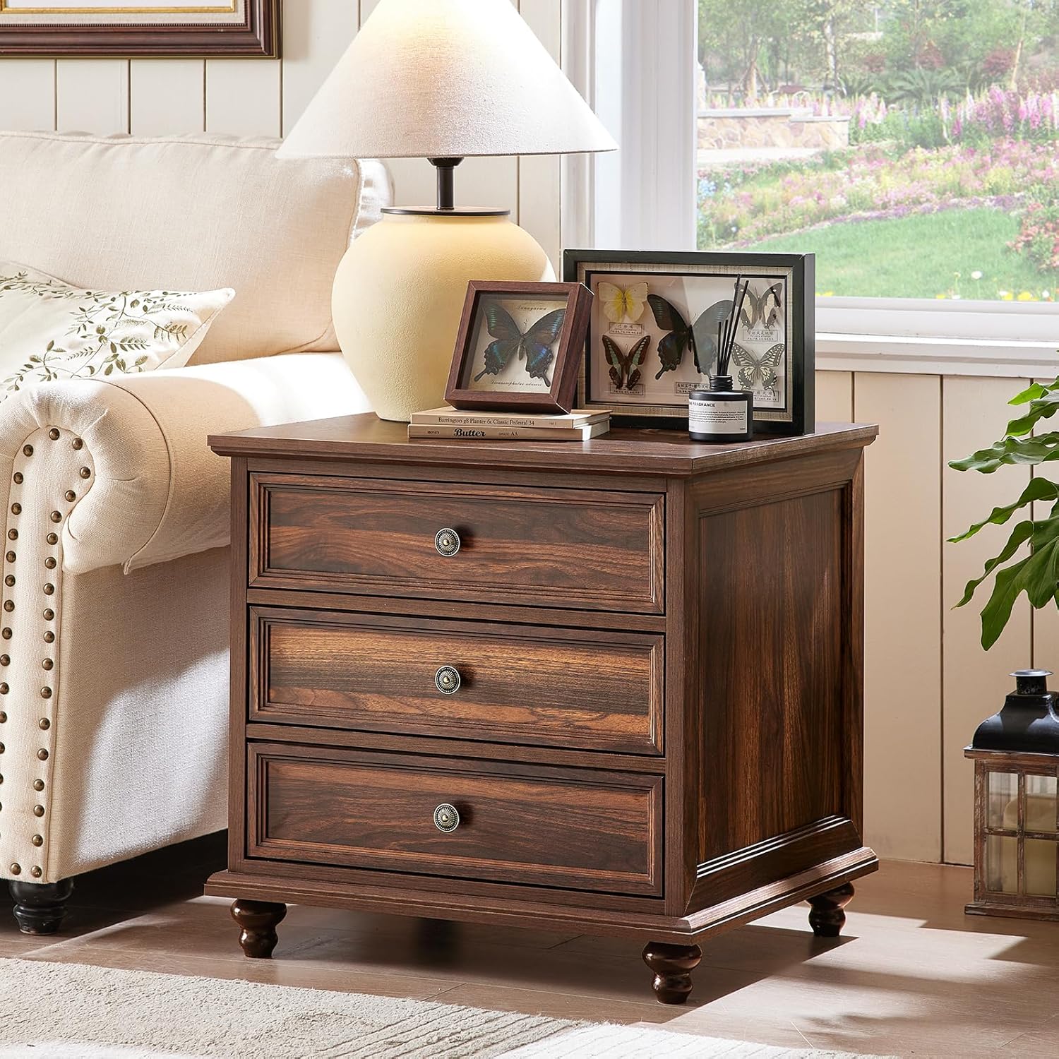 24 Wide Farmhouse Night Stand Set of 2,Large End Table with 3 Drawers & Metal Handle,Brown Wood Dresser for Bedroom Cabinet, Bed Side Table Chest of Drawers,Nightstand for Living Room,Closet