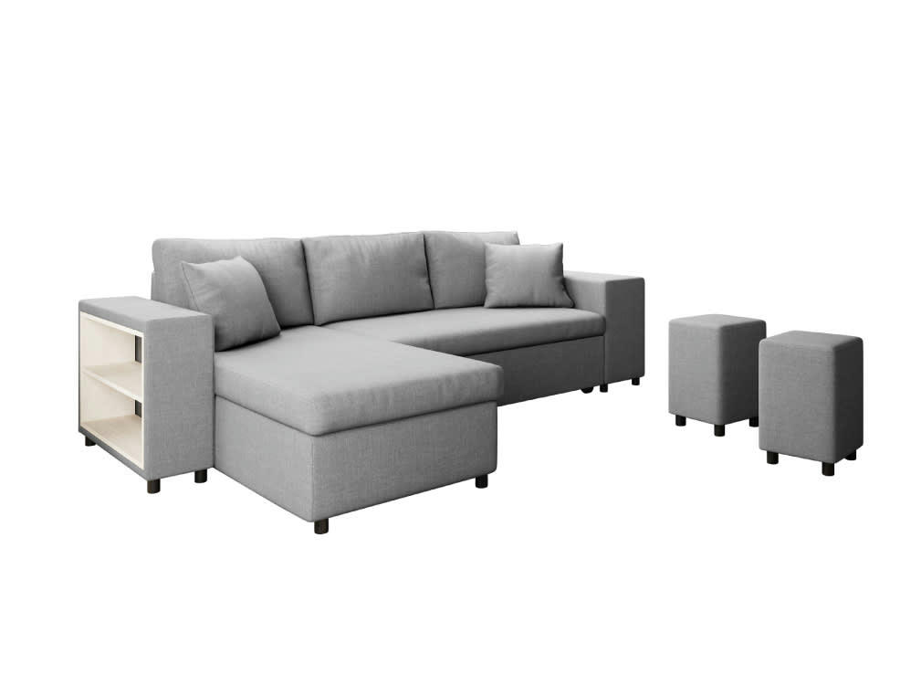 MADY - Canapé d'angle convertible gris clair avec rangement poufs à droite