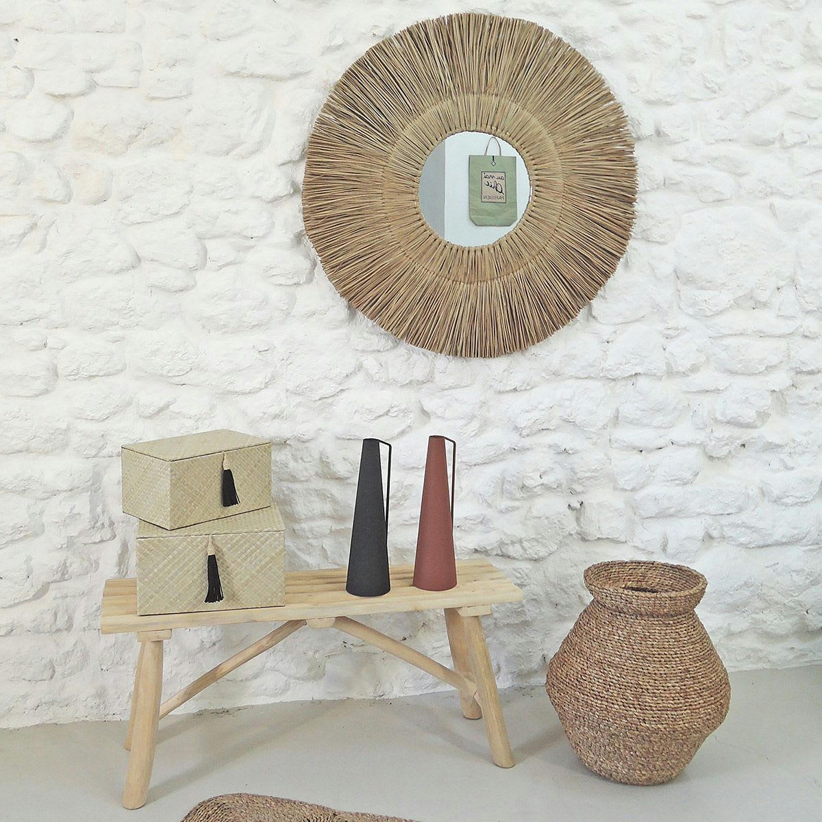- Miroir rond en paille de mendong -90.000x3.500 cm - Beige - Fibres