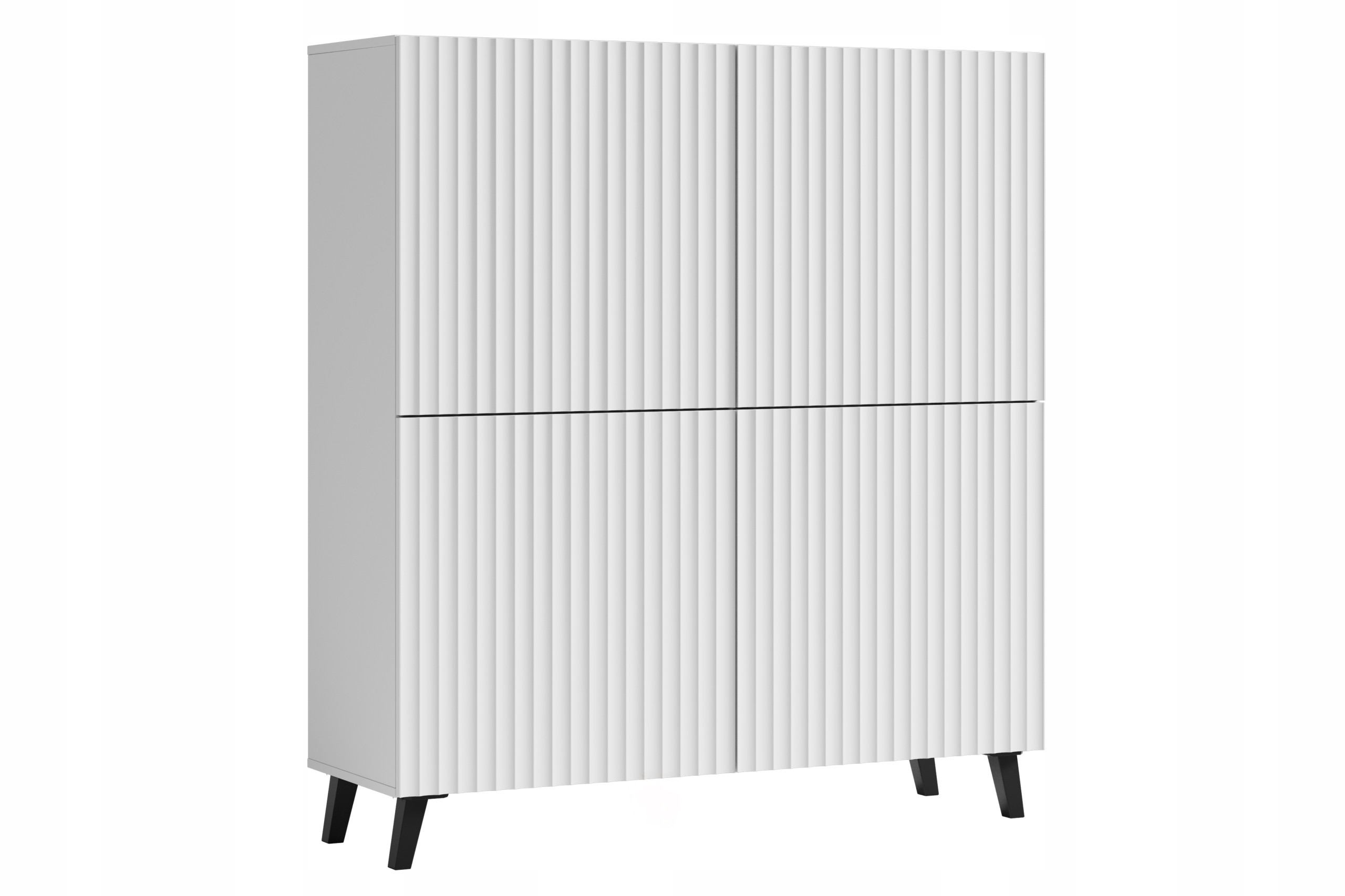 Nowoczesna wysoka komoda 120 cm do salonu, fronty MDF szerokie ryfle białe