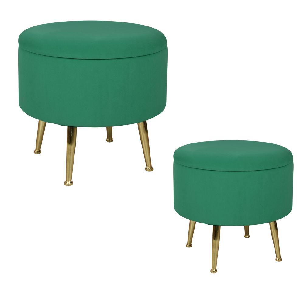 Tabouret pouf rond tissu vert pieds dorés TIM (lot de 2)
