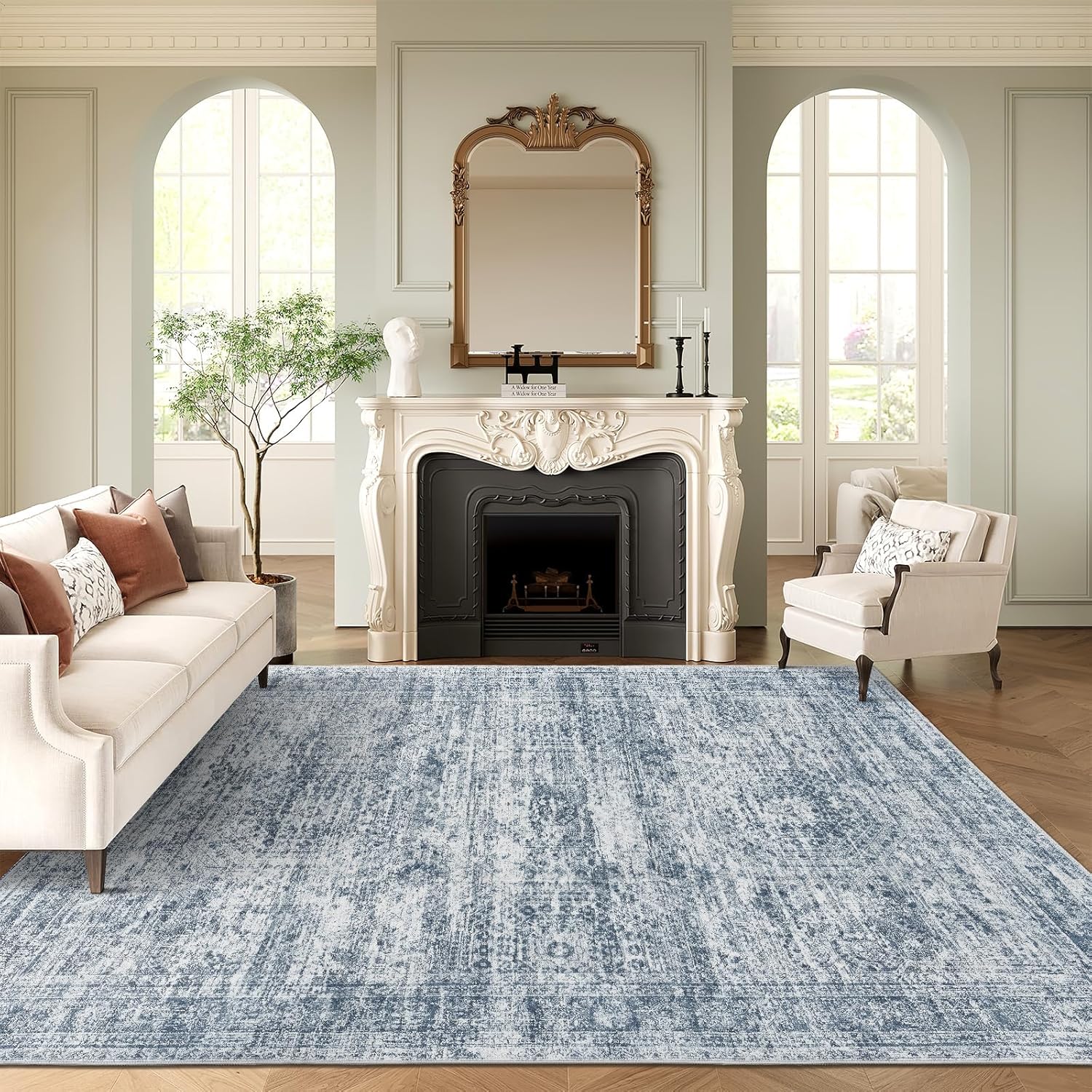 Soalmost 9x12 Area Rugs for Living Room, Non Slip Machine Washable Vintage Rugs, Low Pile Lightweight Large Rug for Bedroom, Dining Room, Home Office Blue
