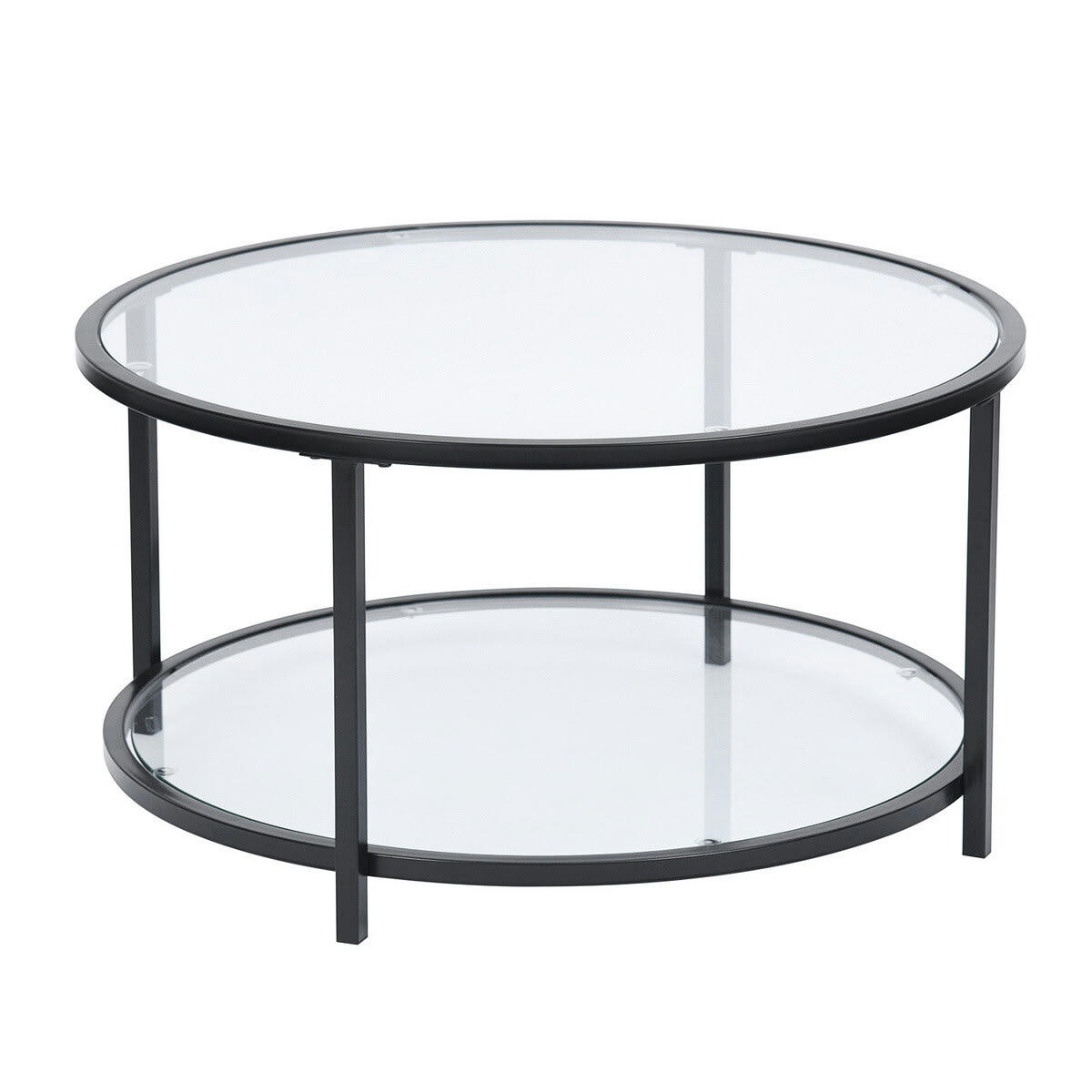- Table Basse Salon Ronde en Verre Cadre en Métal Noir 80*80*42cm