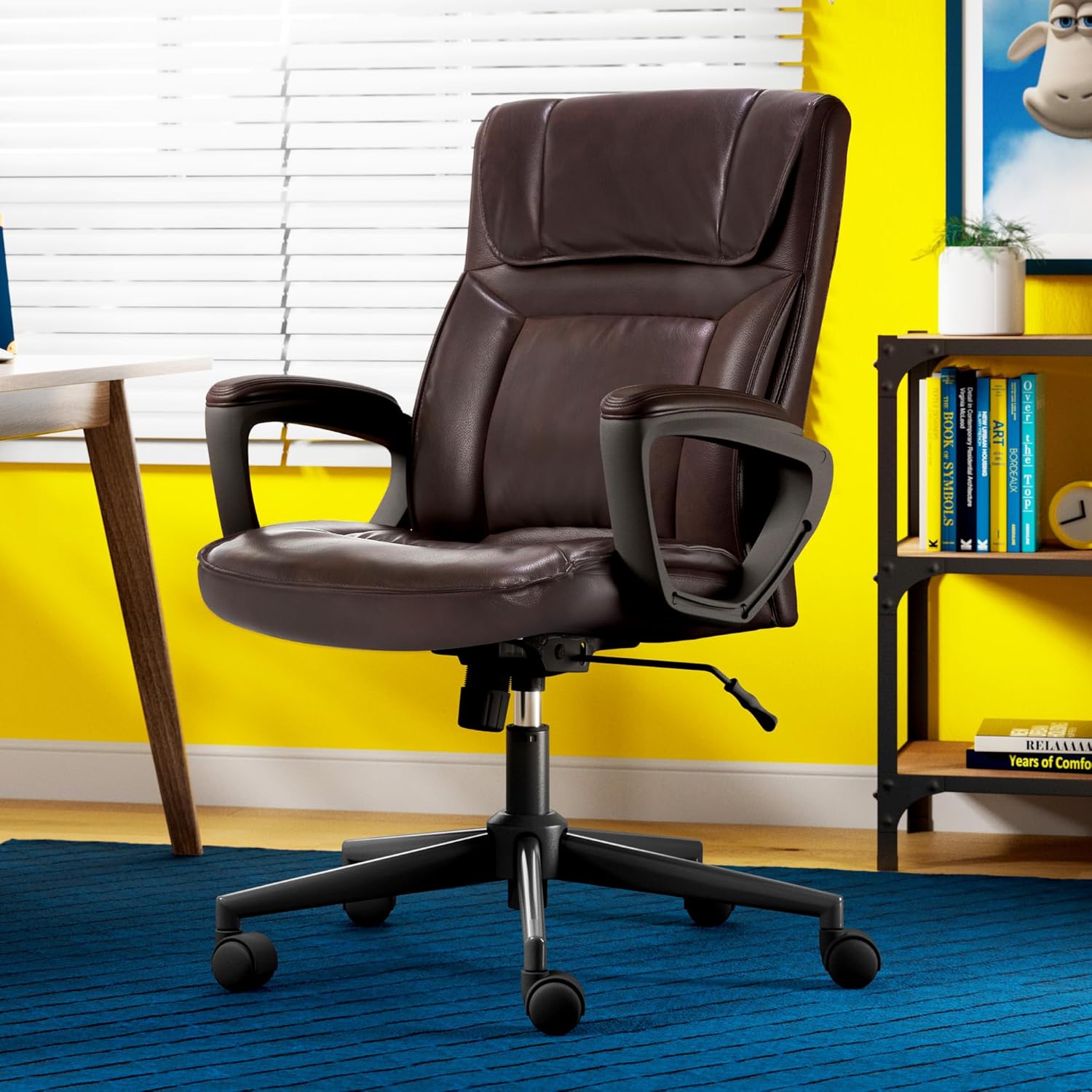 Serta® Hannah Executive Home Office Desk Chair, Ergonomic Mid-Back with Lumbar Support, Firm Seat Cushion, Layered Body Pillows, Padded Armrests, Swivel Base, Easy Assembly, Bonded Leather, Brown