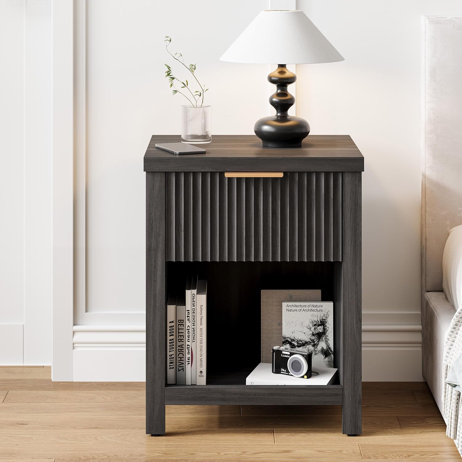 Fluted Nightstands Set of 2, Brooklyn Night Stand with Drawers, Modern Beside Table with Storage, Small End Table for Bedroom Living Room Small Space (2, Grey) BNS101BG-2