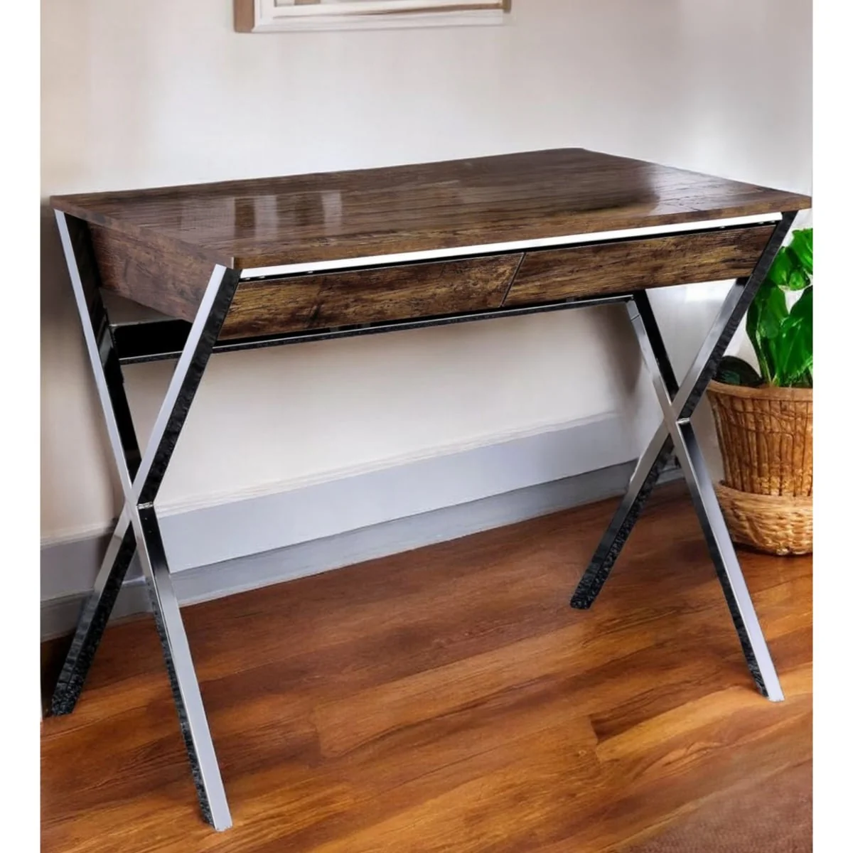 Modern Wood Writing Desk with Metal Base Compact Design for Home Office with 2 Drawers