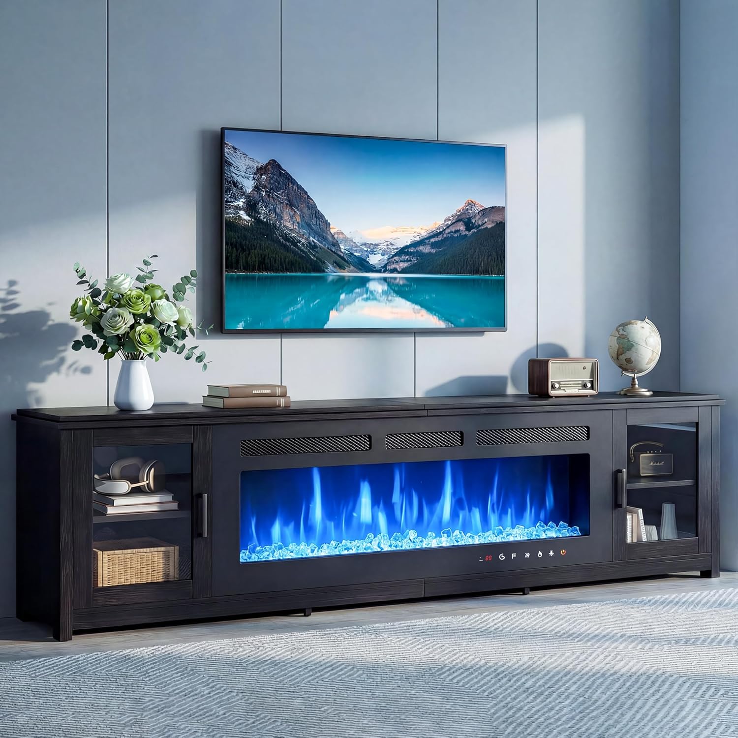 MXV 90 Fireplace TV Stand, Modern Entertainment Center with 60 Inch Electric Fireplace, Adjustable Shelf & Glass Door, Fire Place with WI-FI Enabled, TV Console for Living Room, Black