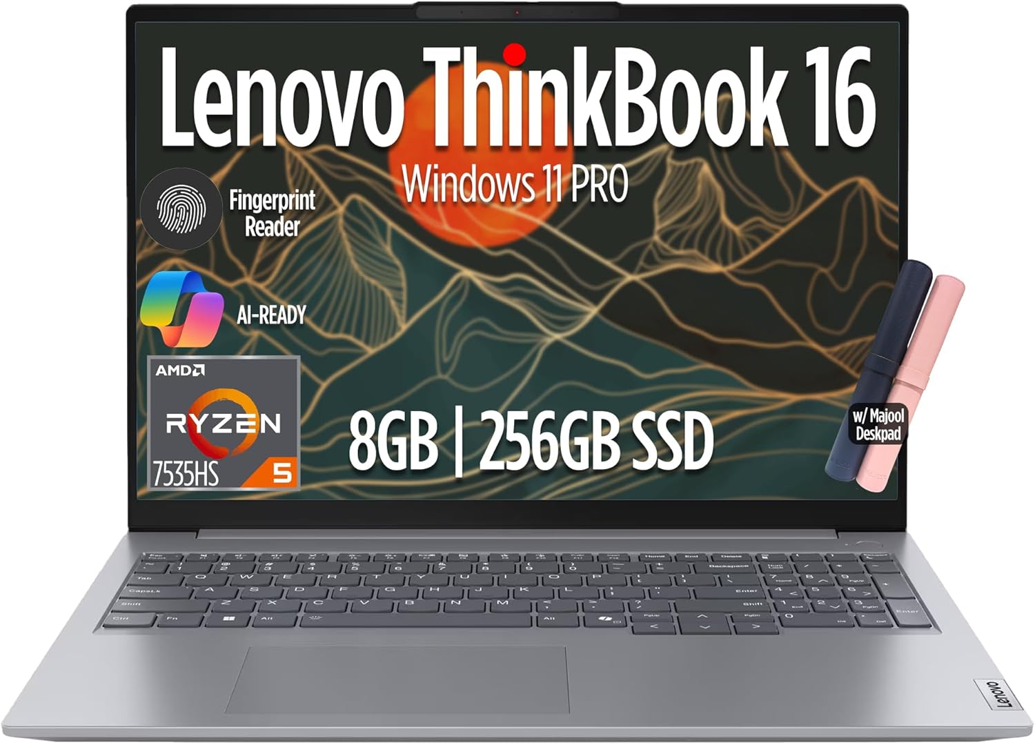 Lenovo ThinkBook 16 Gen 7 Business Laptop  16 FHD+ Display  AMD Ryzen 5 7535HS (> i7-1355U)  8GB DDR5 RAM  256GB SSD  KB Backlit  Webcam  Ethernet  Wi-Fi 6  Windows 11 Pro w/Copilot  MAJ DESKPAD