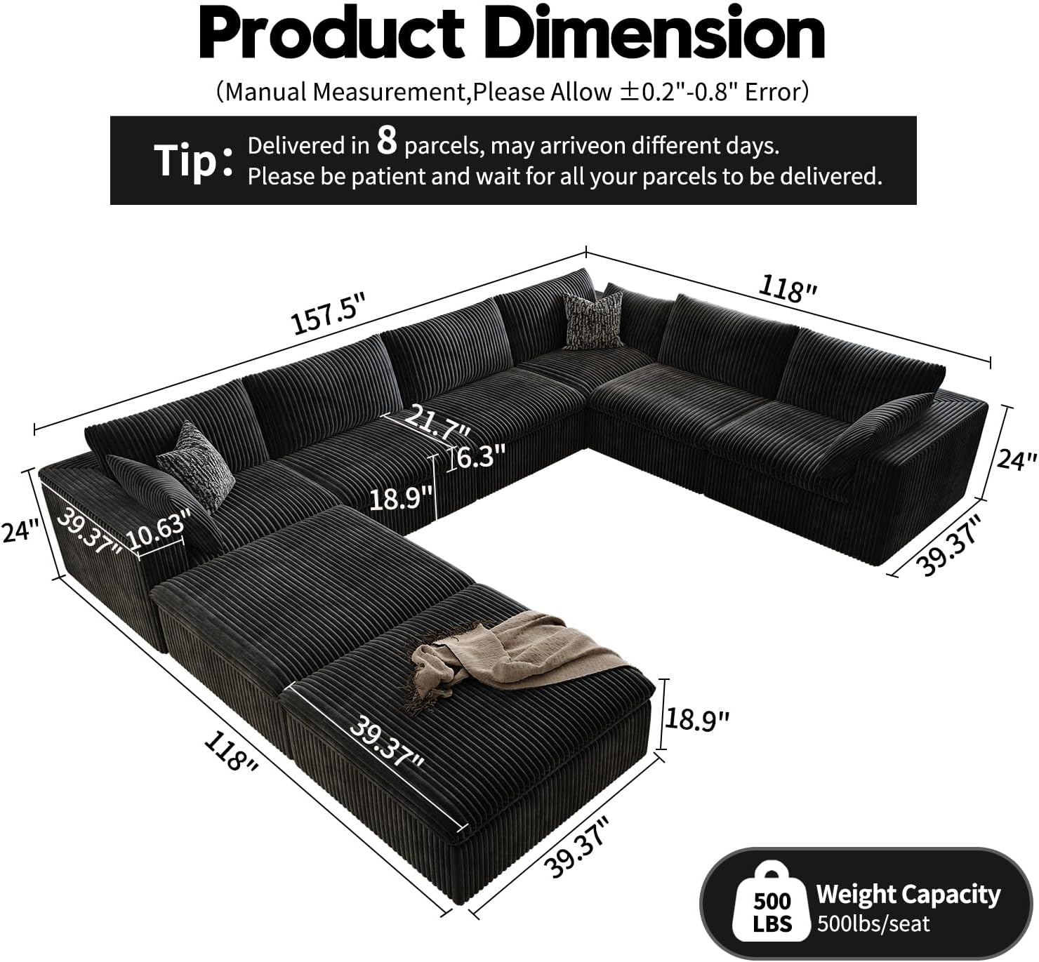 157.5 Cloud Couch Oversized Modular Sectional Sofa for Living Room,Modern Sofa with Deep Seat，8 Seater Boneless Couch with 2 Ottoman,Comfy Upholstered Couches for Apartment, Studio, Office,Black