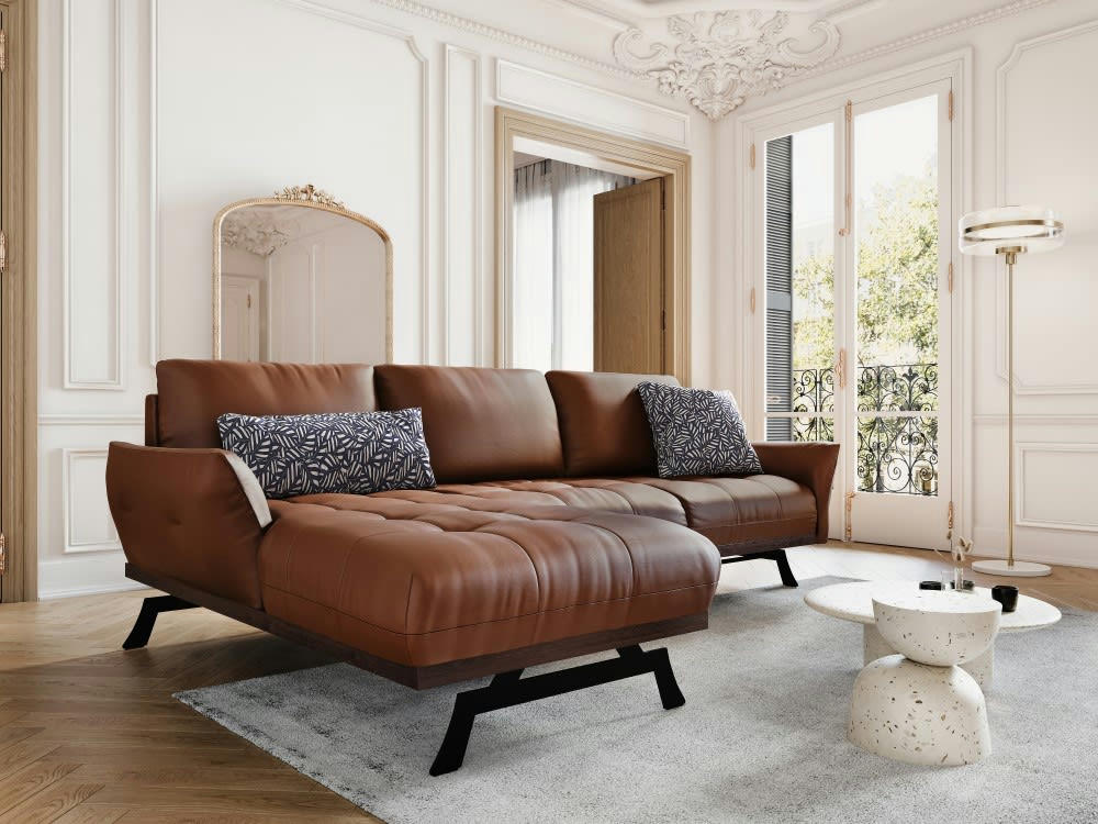 OLIVIER - Canapé d'angle 4 places en cuir marron