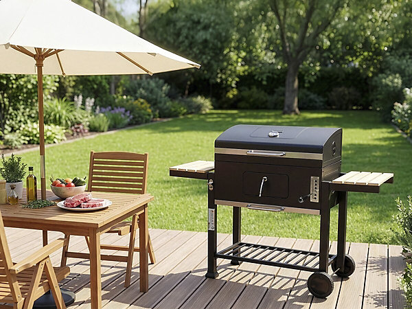 Barbecue charbon avec tablettes latérales et grilles réglables 