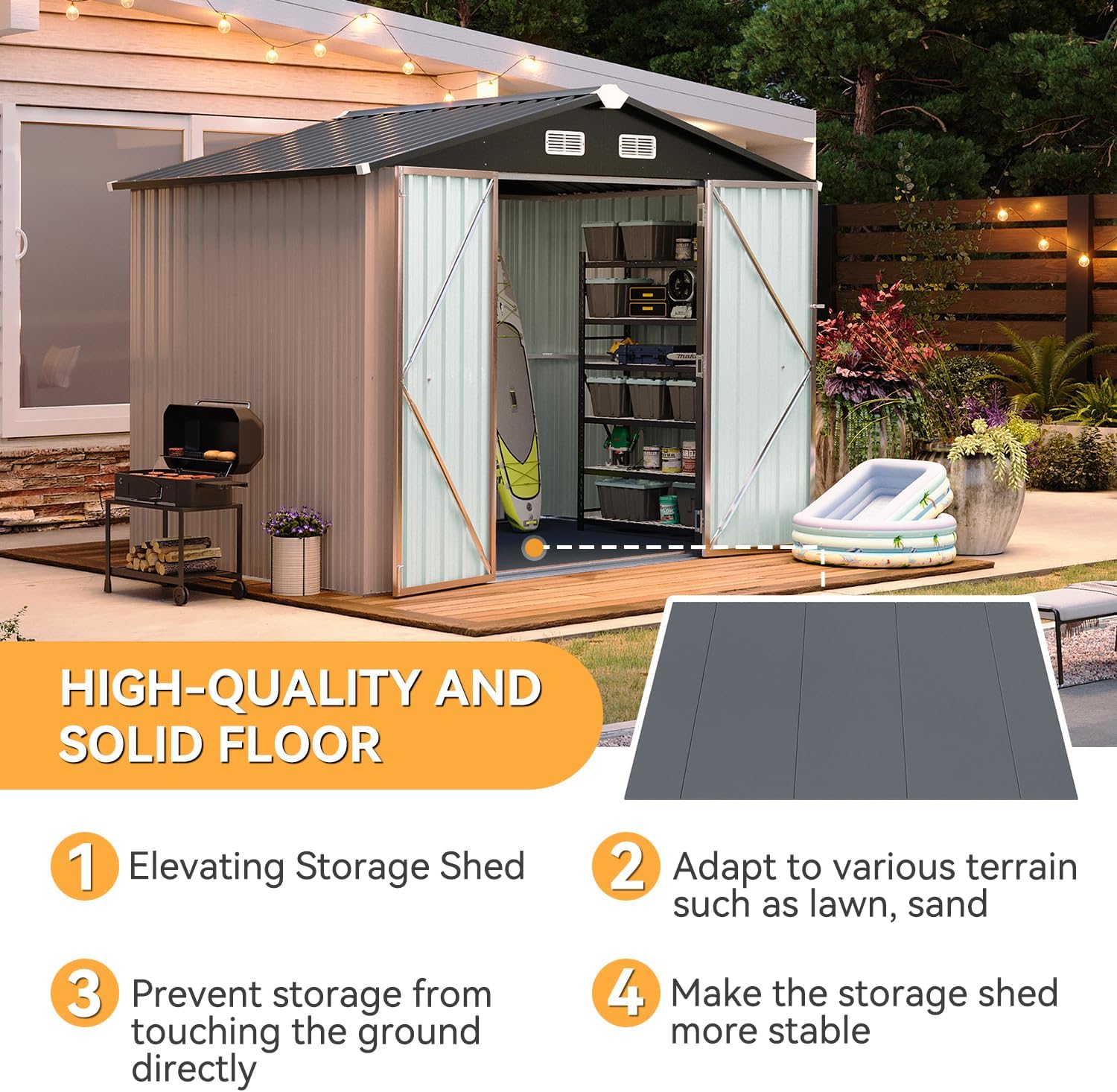 Aoxun 8x6FT Shed with Floor Galvanized Steel Outdoor Storage Shed Metal Garden Shed with Double Doors  Moisture-Proof Floor & Ventilation  Sloped Roof for Bike/Generator/Tool Storage (Brown)