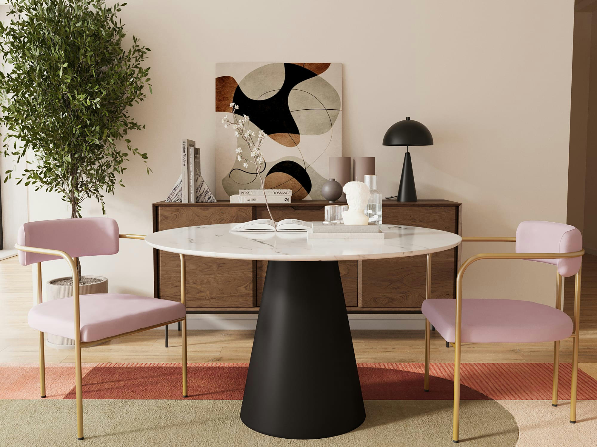 BARBARA - Chaise de salle à manger tapissée avec accoudoirs velours rose clair