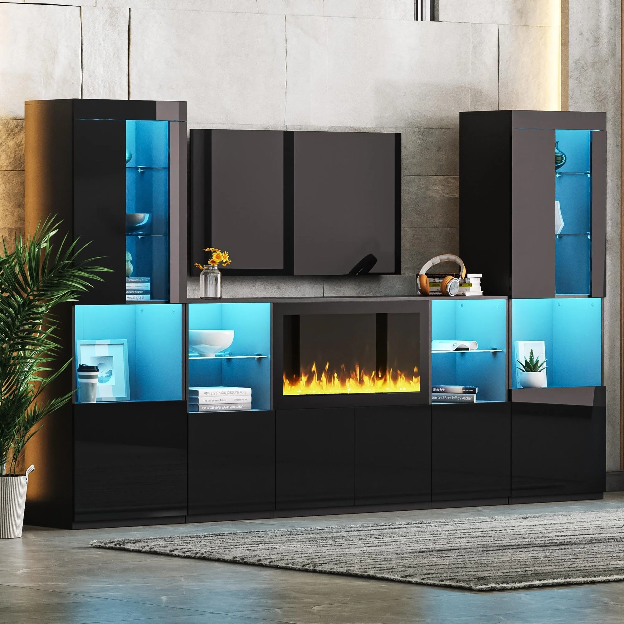 LED High Gloss TV Stand Display Cabinet Set with Glass Shelves, 111 TV Media Storage Console with Electric Fireplace
