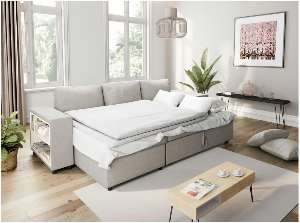 MADY - Canapé d'angle convertible beige avec rangement poufs à droite