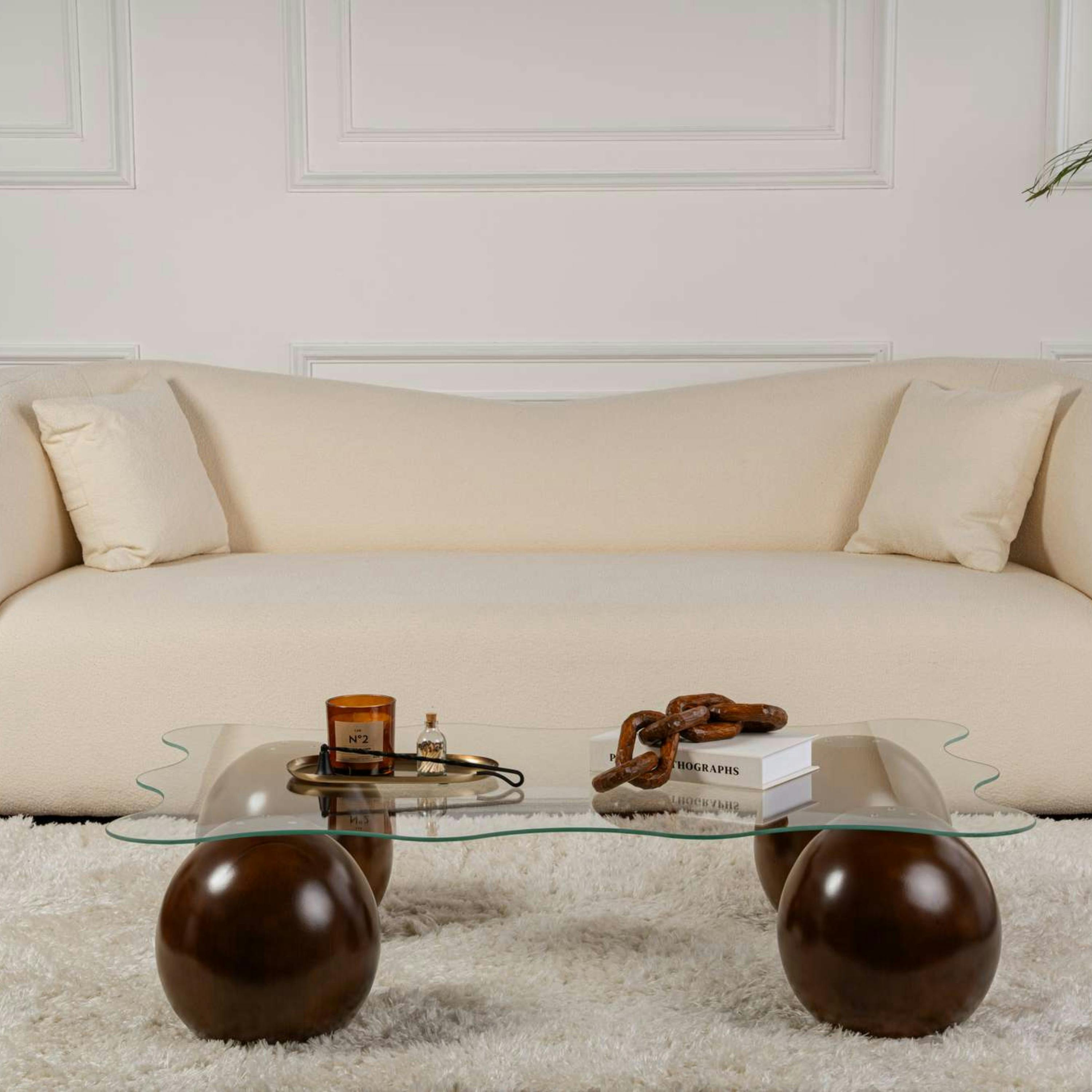 Table basse verre design organique 4 pieds boule KOCHI