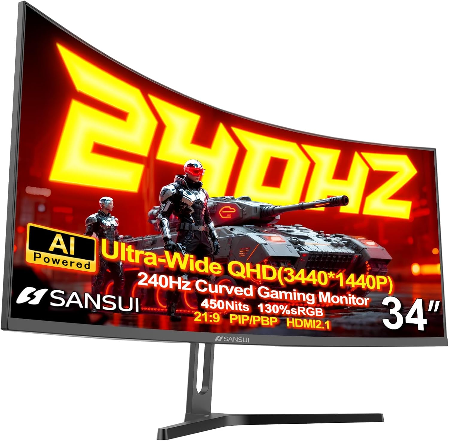 SANSUI 34 Inch 240Hz Ultrawide Curved Gaming Monitor UWQHD 3440×1440  21:9 2K Curved Monitor 1500R HDR400 Fast VA  PIP/PBP AI Crosshair AIPQ(Visual Enhance) MPRT 1ms HDMI2.1*2 DP1.4*2(DP Cable Incl.)