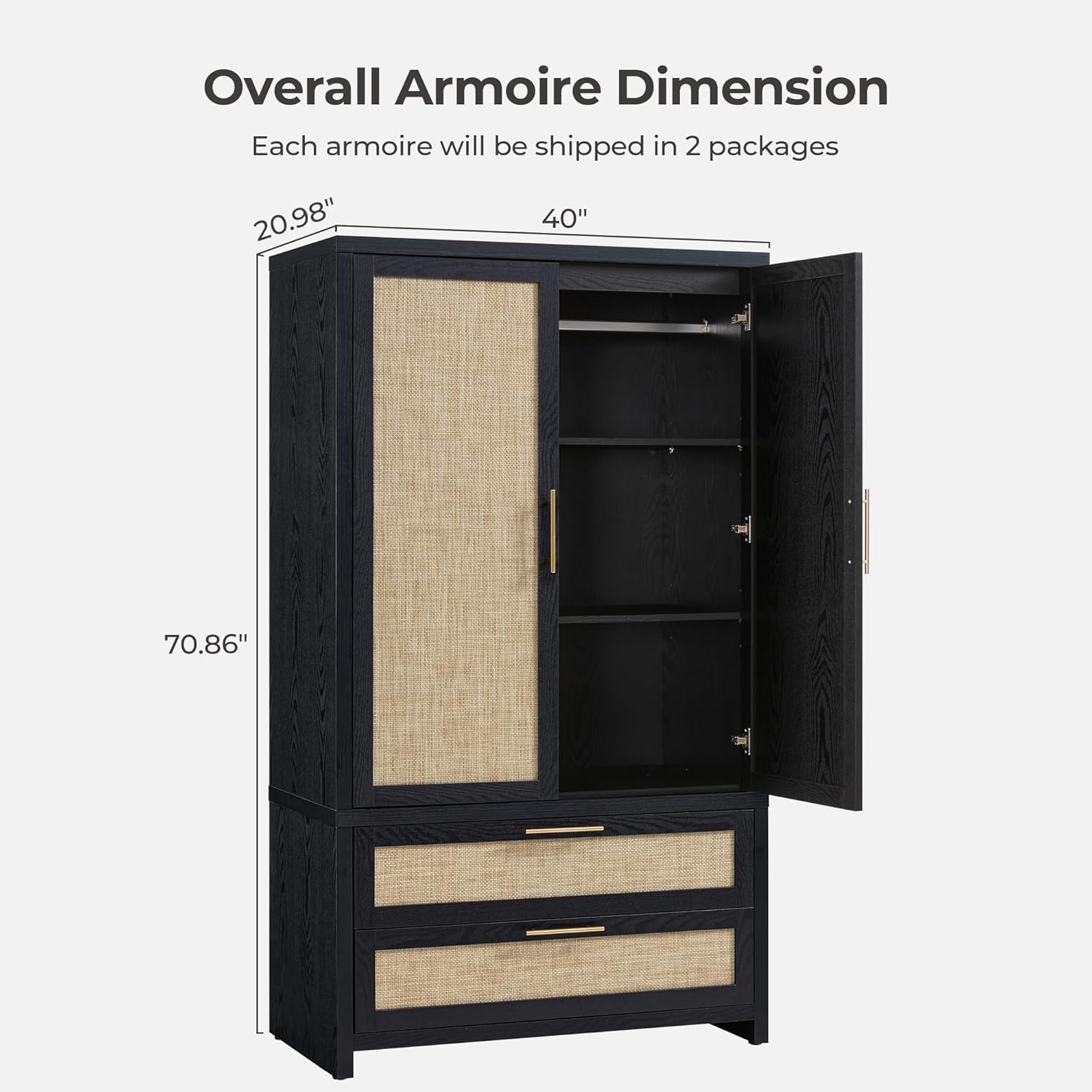 SICOTAS Larger Armoire Wardrobe Closet, 71 Tall Rattan Wardrobe Closet Cabinet with Storage and 2 Drawers, Boho Armoire Clothes Organizer with Hanging Rod for Bedroom, Black Oak (2 PCS)