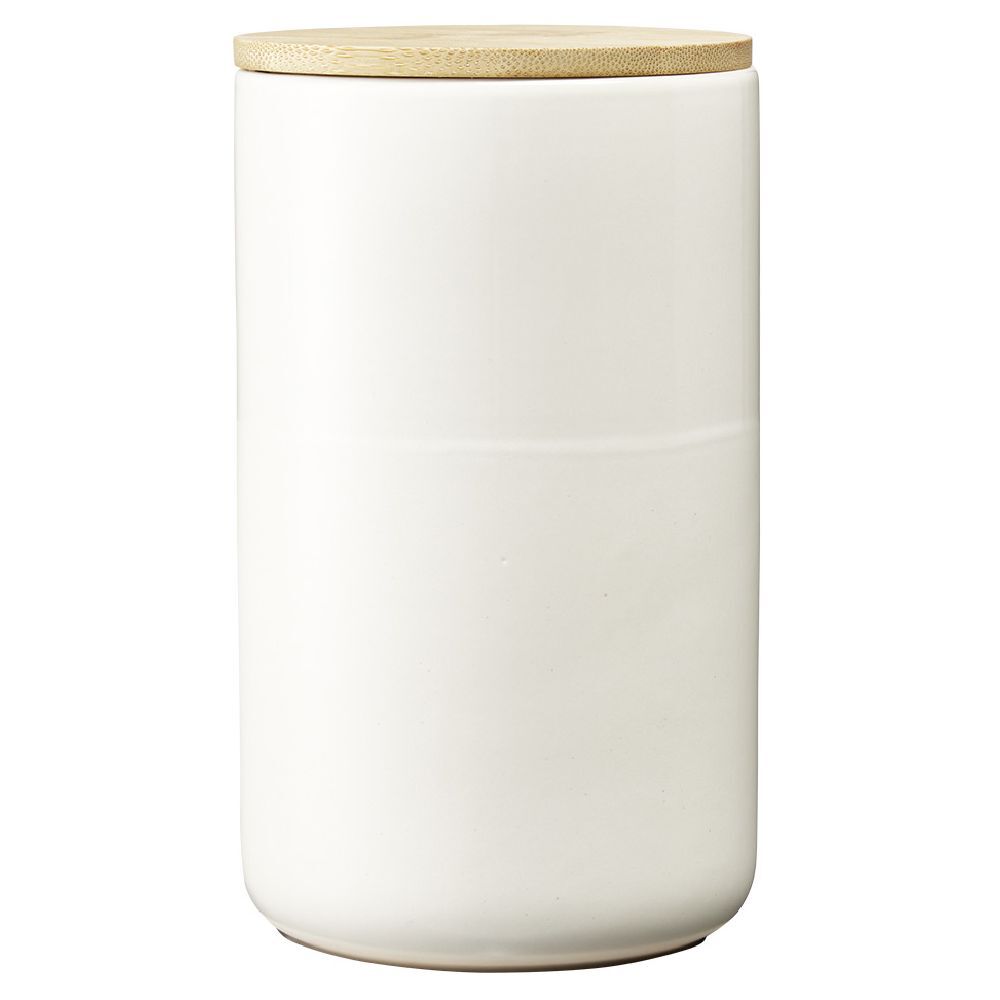 Pot en céramique blanc avec couvercle en bois H16,5 cm