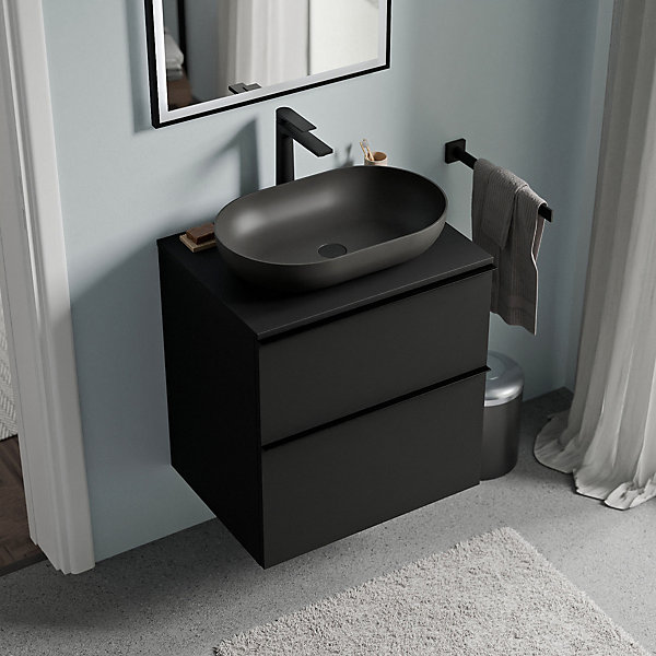 Meuble sous vasque suspendu MDF Noir mat, plan vasque Noir mat, poignée Anthracite mat - 60x46x62cm - LAVOA