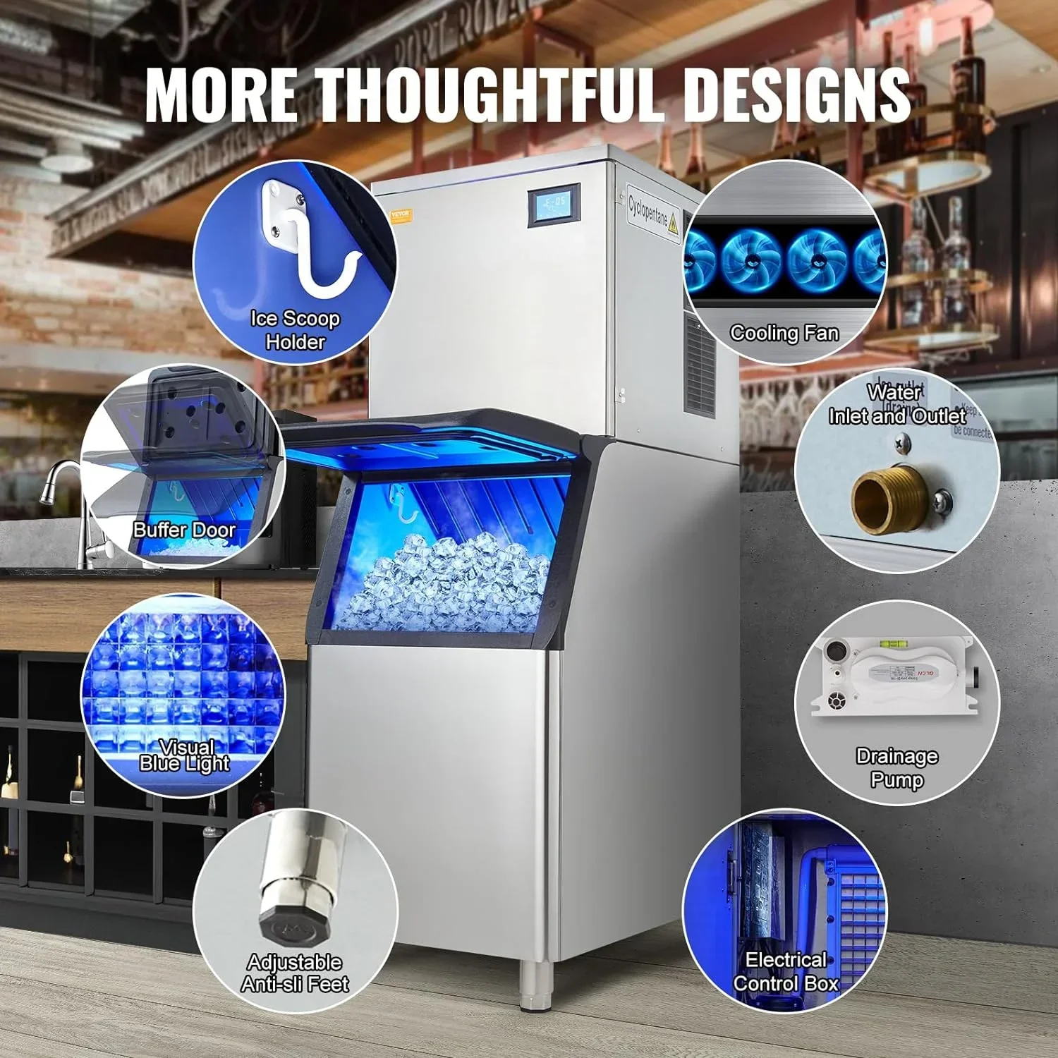 VEVOR Commercial Ice Maker, 360LBS/24H Ice Making Machine with 330.7LBS Large Storage Bin
