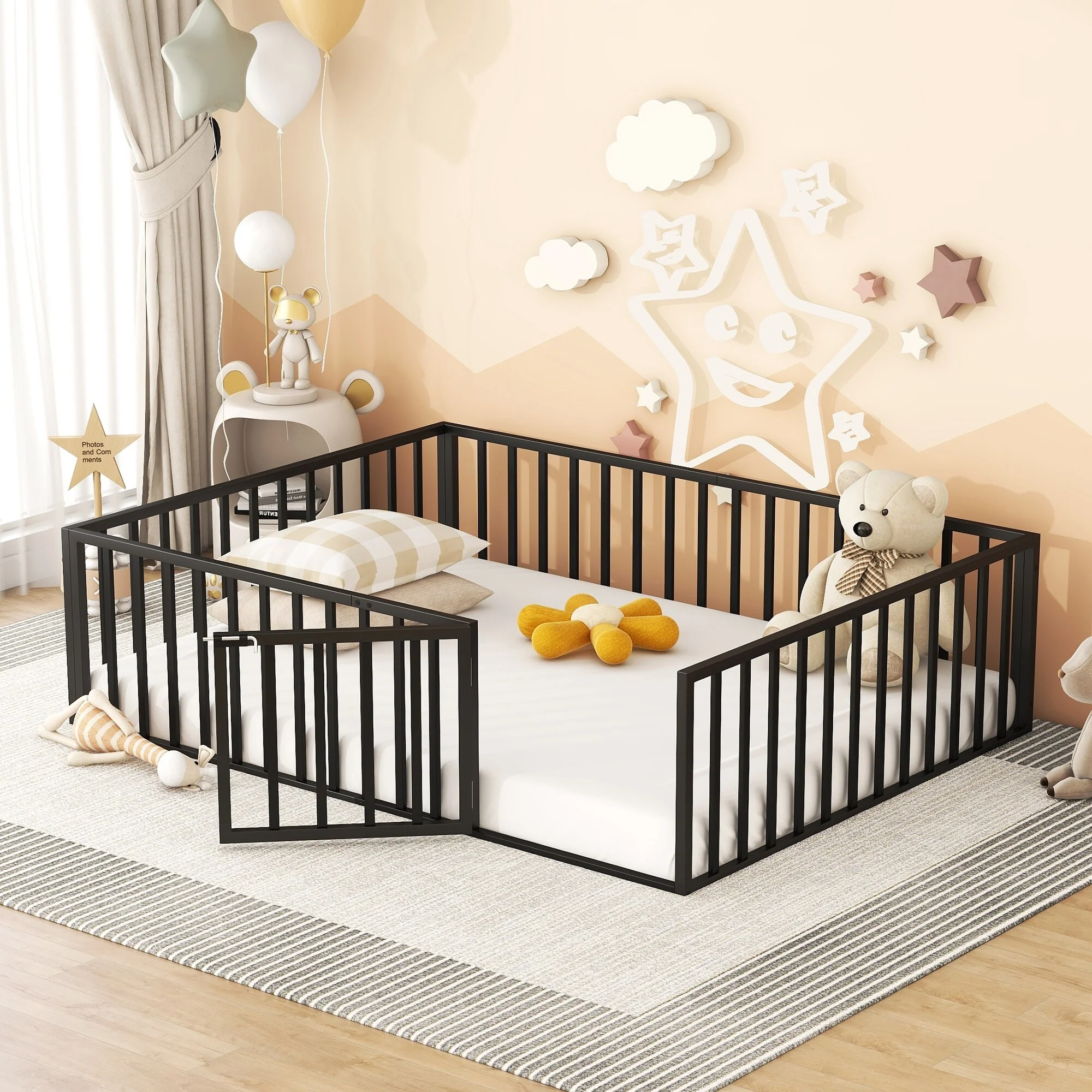 Metal Floor Bed Frame with Fence and Door for Kids' Bedroom