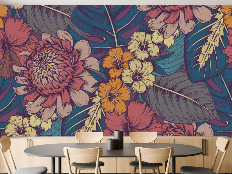Fototapeta Kolorowe liście i kwiaty w stylu retro 250x175cm