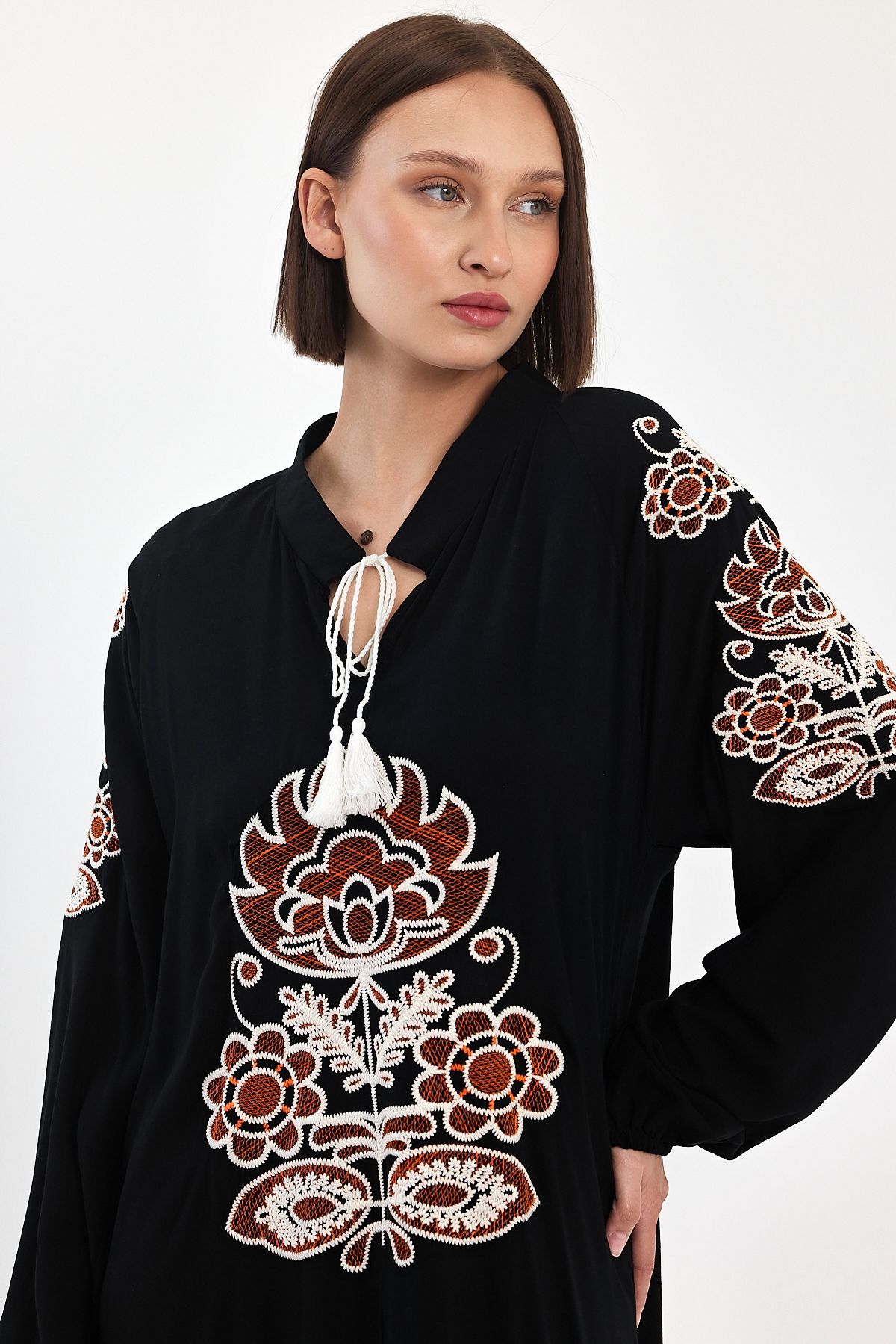 Belissh Embroidered Maxi Dress with Tie Neck Detail in Black