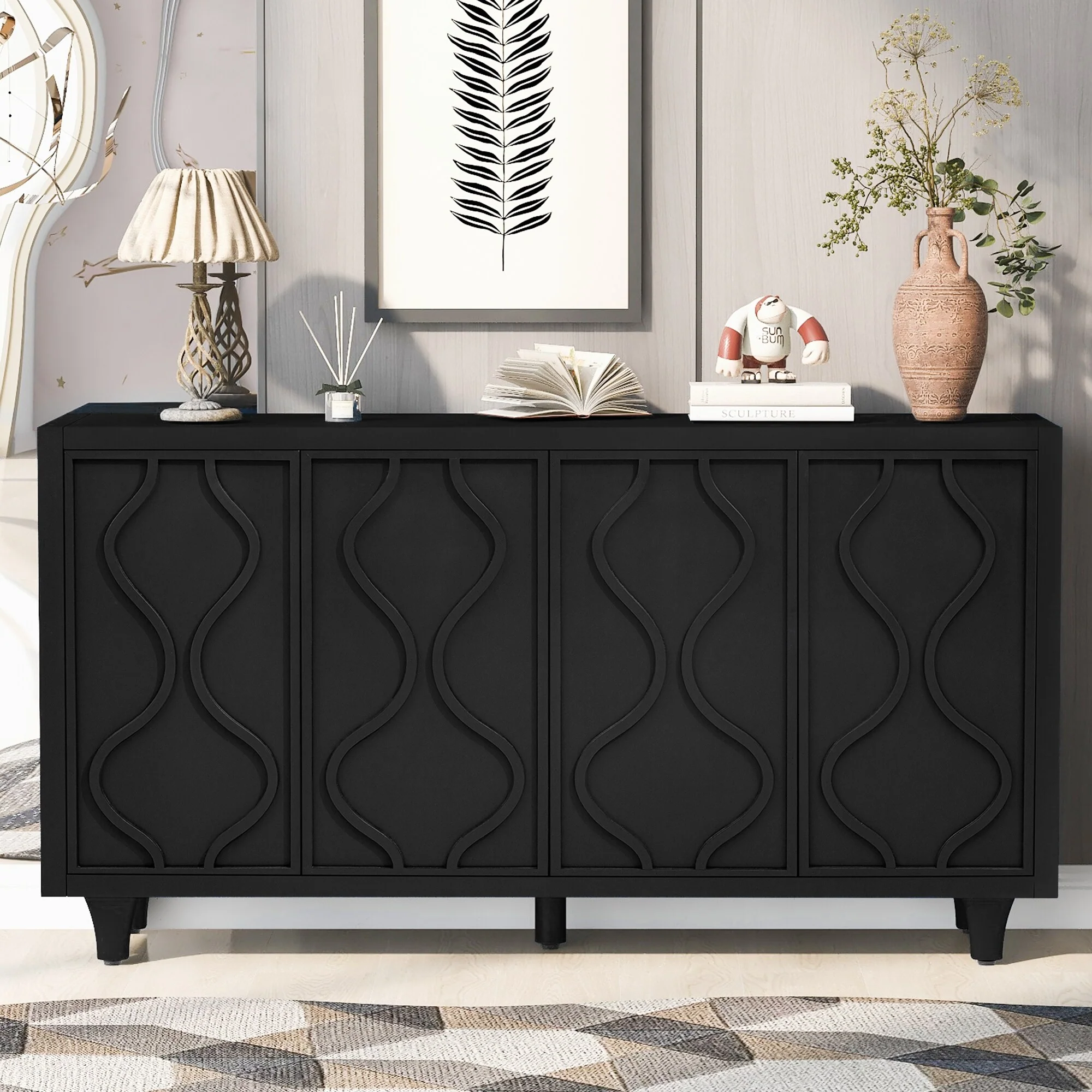 Storage Cabinet Sideboard, with Embossed Curved Doors, Wooden Cabinet Cupboard with Adjustable Shelves for Living Rooms