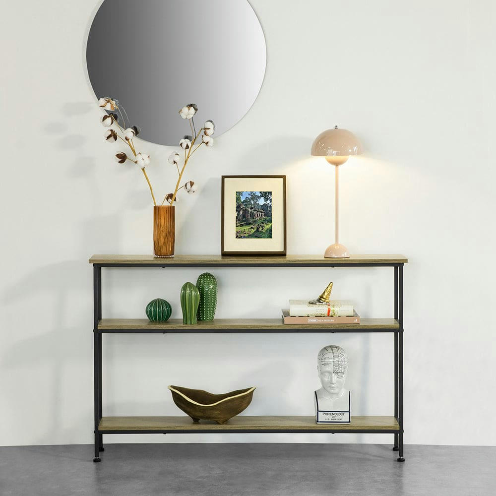 - Table console 3 étagères effet bois naturel cadre en métal noir