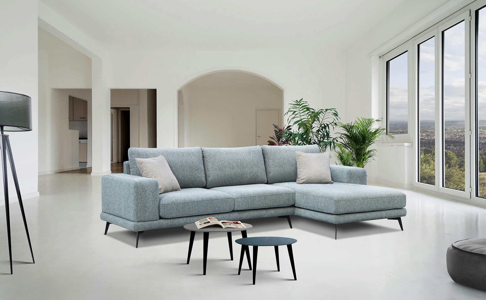 MEDIOLANE - Canapé d'angle droit 4 places tissu bleu clair