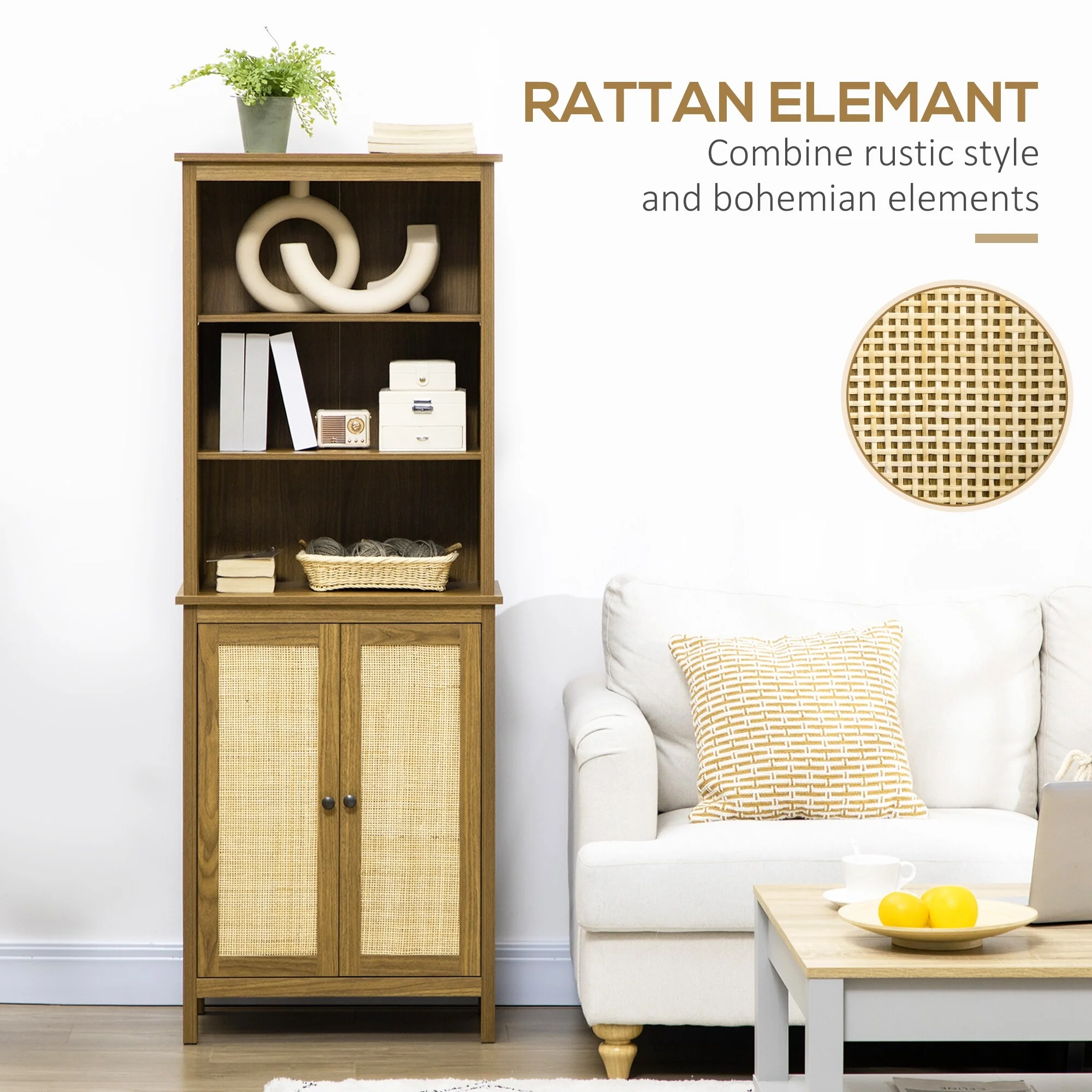 Bookcase with Cabinet and Open Shelves, Tall Bookshelf