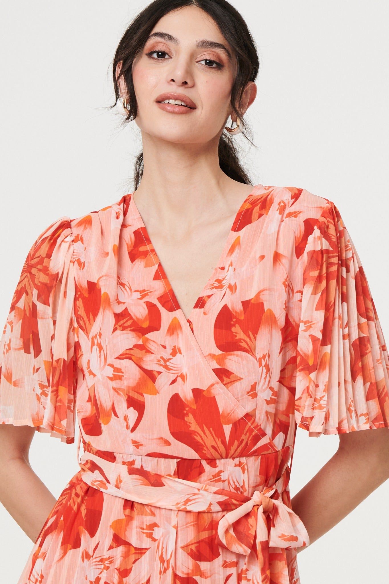 Izabel London Floral Pleated Angel Sleeve Mini Dress