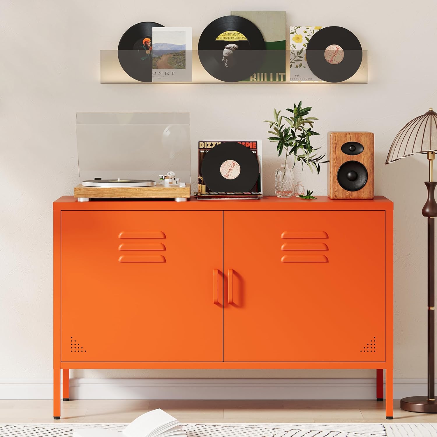 Orange Metal Storage Cabinet with 2 Doors and Adjustable Shelves, Multipurpose Metal Locker Accent Cabinet, 25 H TV Stand, Media Cabinet for Home, Office, Living Room,Kitchen, Music Studio
