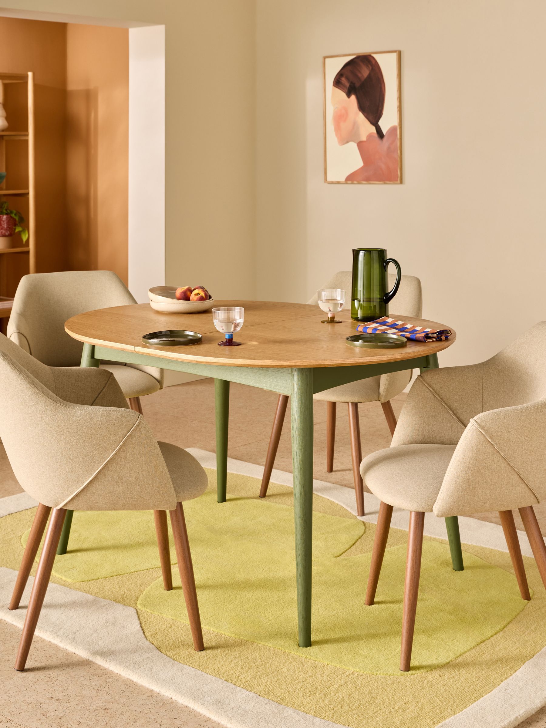 Deauville 4 to 6 Seater Oval Extending Dining Table in Oak and Green Legs