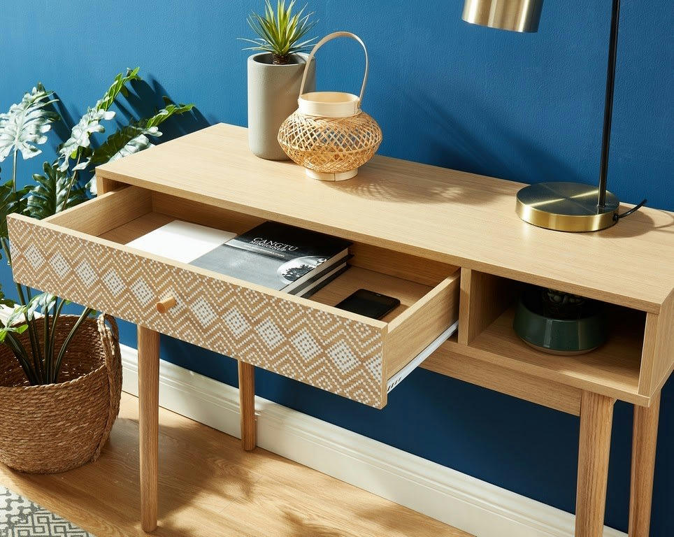 LEIKA - Console   blanc et effet bois et chêne  1 tiroir 100cm