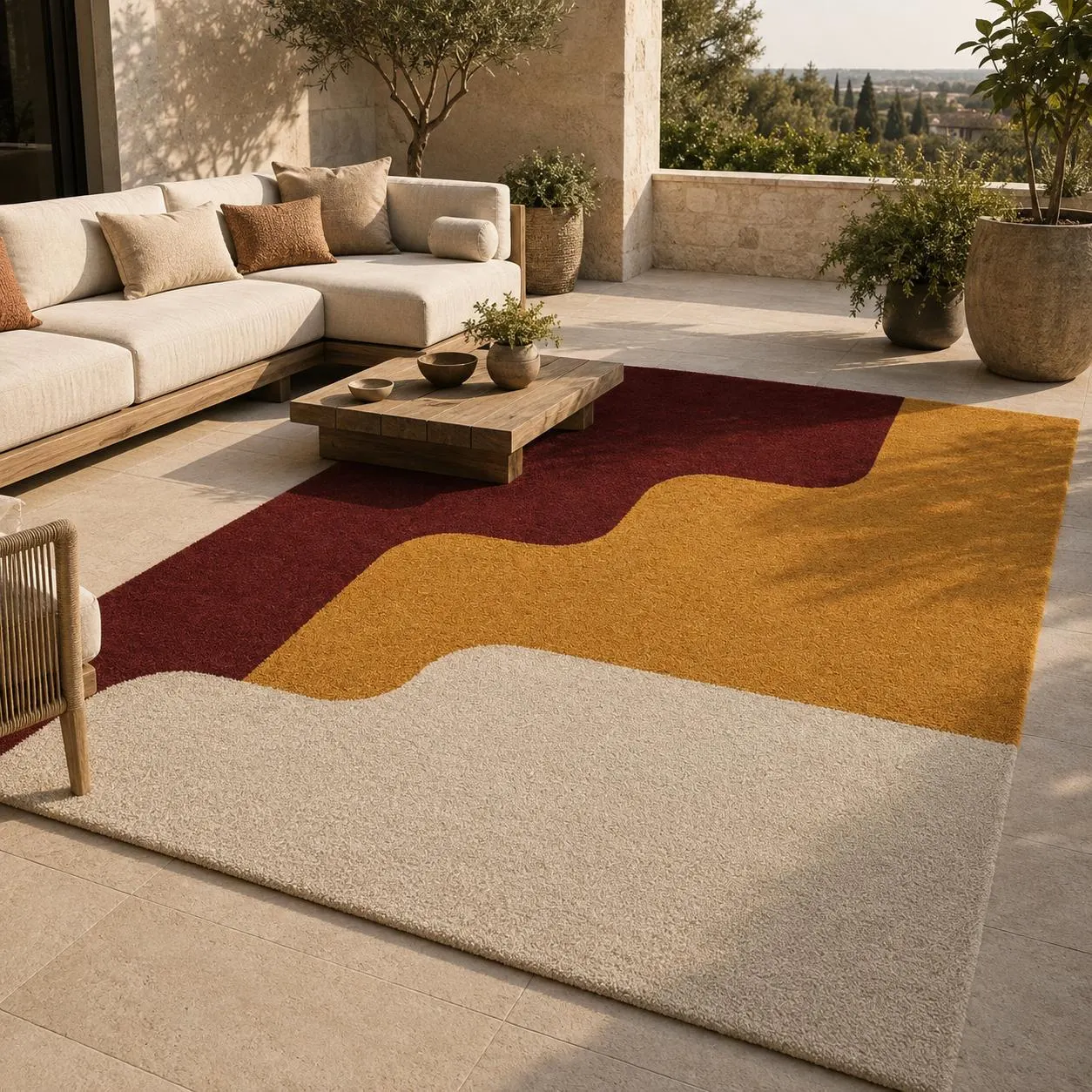 Hand Tufted Abstract Area Rug, Burgundy Mustard Ivory Geometric Carpet (Modern Living Room Decor)