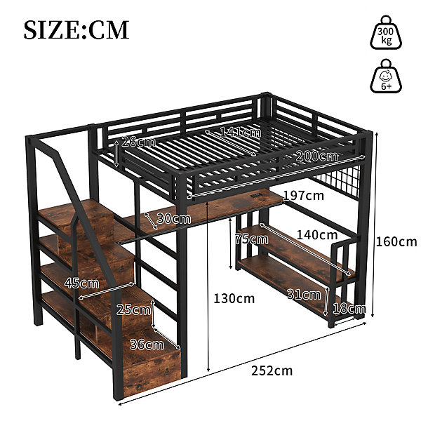 Lit mezzanine enfant en fer 140 x 200 cm,LED,2 ports USB et 1 port USB-C,bureau,échelle de rangement,cadre de lit superposé,Noir