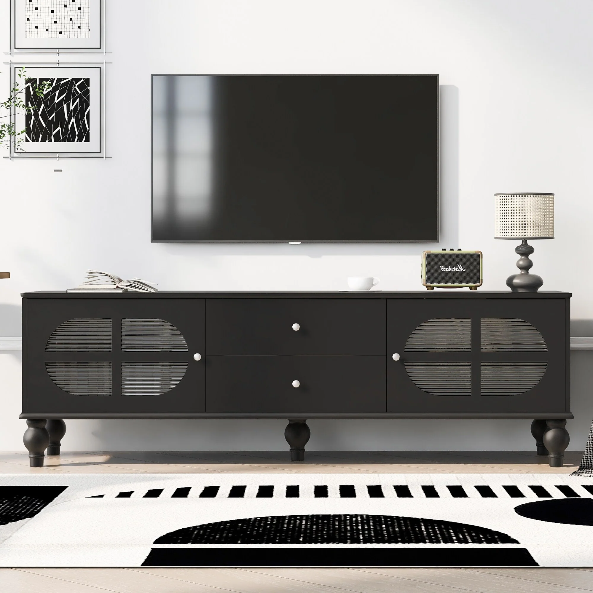 68.9-Inch Modern Minimalist TV Stand with Fluted Glass Doors and Solid Wood Legs for TVs up to 75 Inches