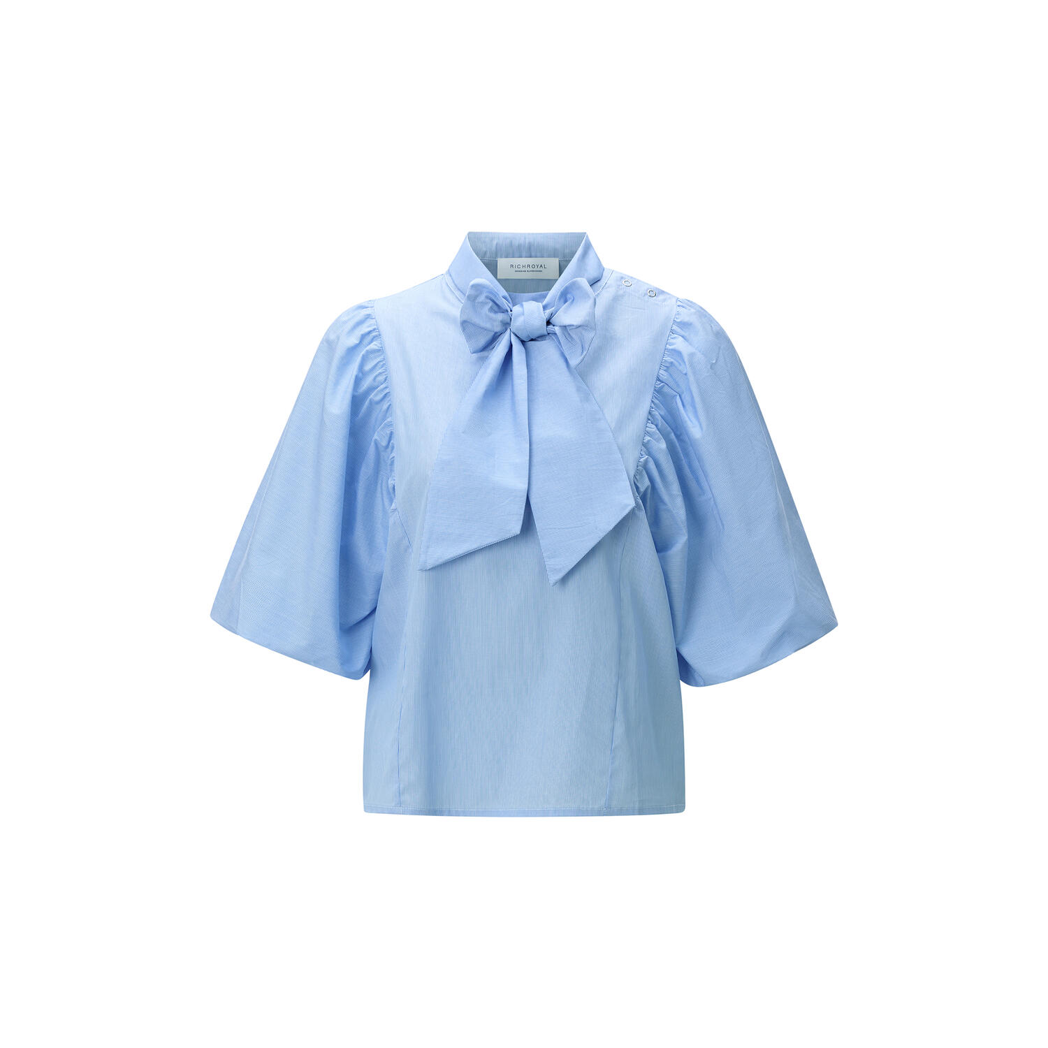Cotton Striped Blouse with Removable Bow, skyway blue