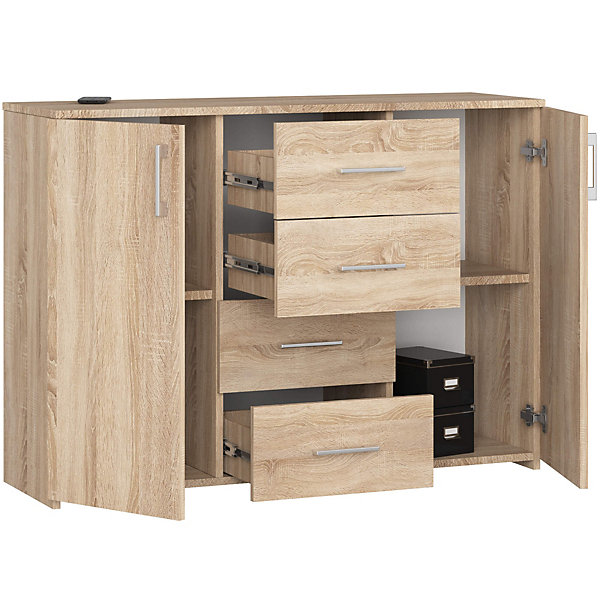 Commode AKORD K45 Chêne Sonoma 110 cm 2 portes 4 tiroirs façade Chêne Sonoma 4 étagères 110x35x80 cm