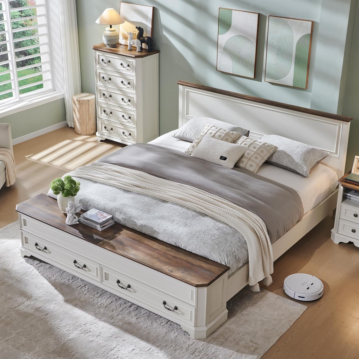 T4TREAM Farmhouse King Bed with Headboard and Storage Bench, Rustic Wood Platform Bed with 80 Storage Chest w/ 4 Large Drawer (Antique White)