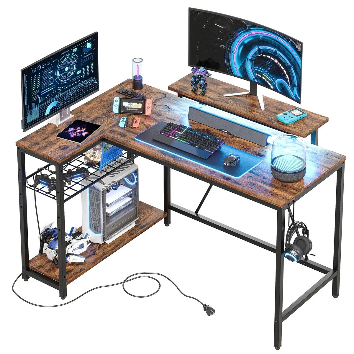 48inch L shaped computer desk with power outlet , Led Gaming desk with Monitor stand