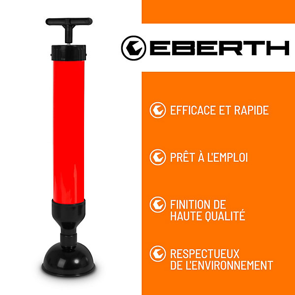 EBERTH Pompe de nettoyage de tuyaux pour un nettoyage efficace des lavabos, douches et baignoires, diamètre de l'embout 90 mm