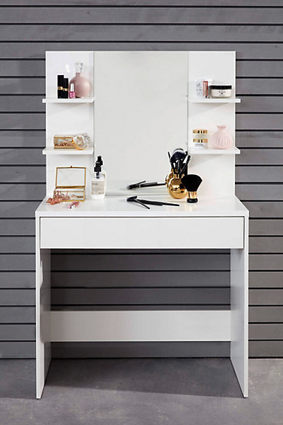 BASIX - meuble coiffeuse avec miroir en mélaminé blanc L-H-P: 85 - 141 - 40 cm