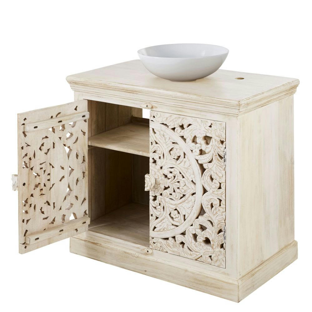 Kerala - Meuble vasque en manguier massif blanc effet vieilli