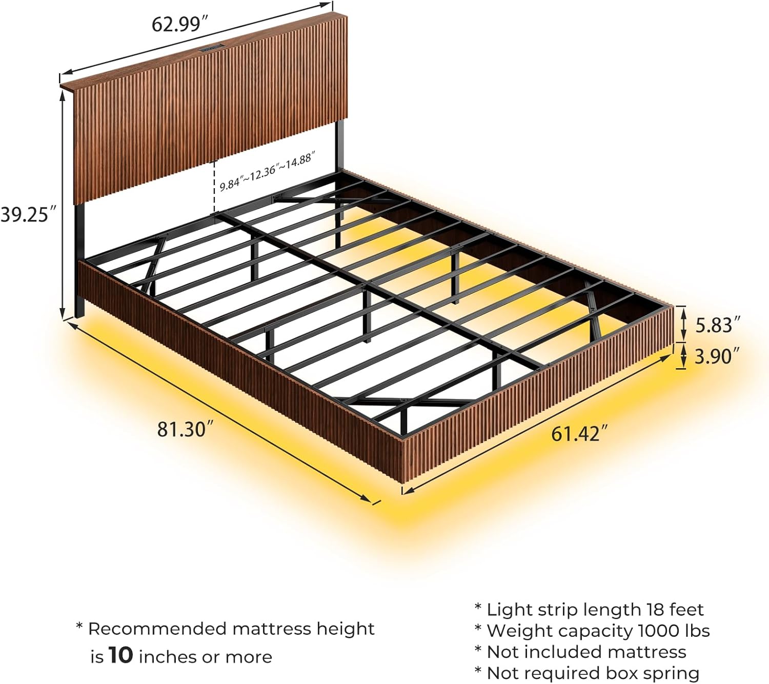 Evermagin Walnut Queen Floating Bed Frame with Headboard, Mid Century Modern Fluted Platform Bed with LED Lights, Heavy Duty Floating Bedframe with Charging Station, No Box Spring Needed