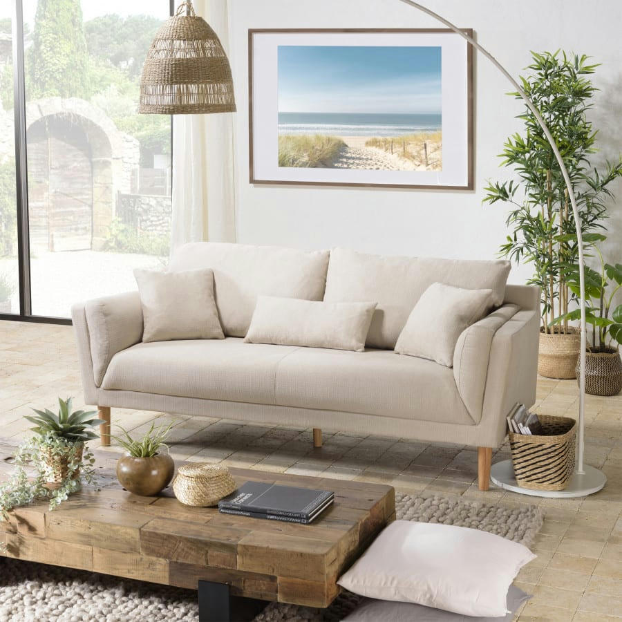 NOE - Canapé 3 places tissu polyester beige pieds en bois