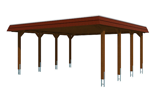 Carport SKAN HOLZ Spreewald 585x589cm, toit en aluminium, bandeau rouge, bois résineux imprégné, traitement coloré noyer